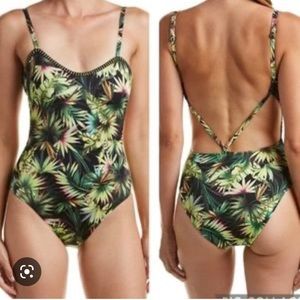 Lucky brand coastal palms birds of paradise strappy open back one piece swimsuit
